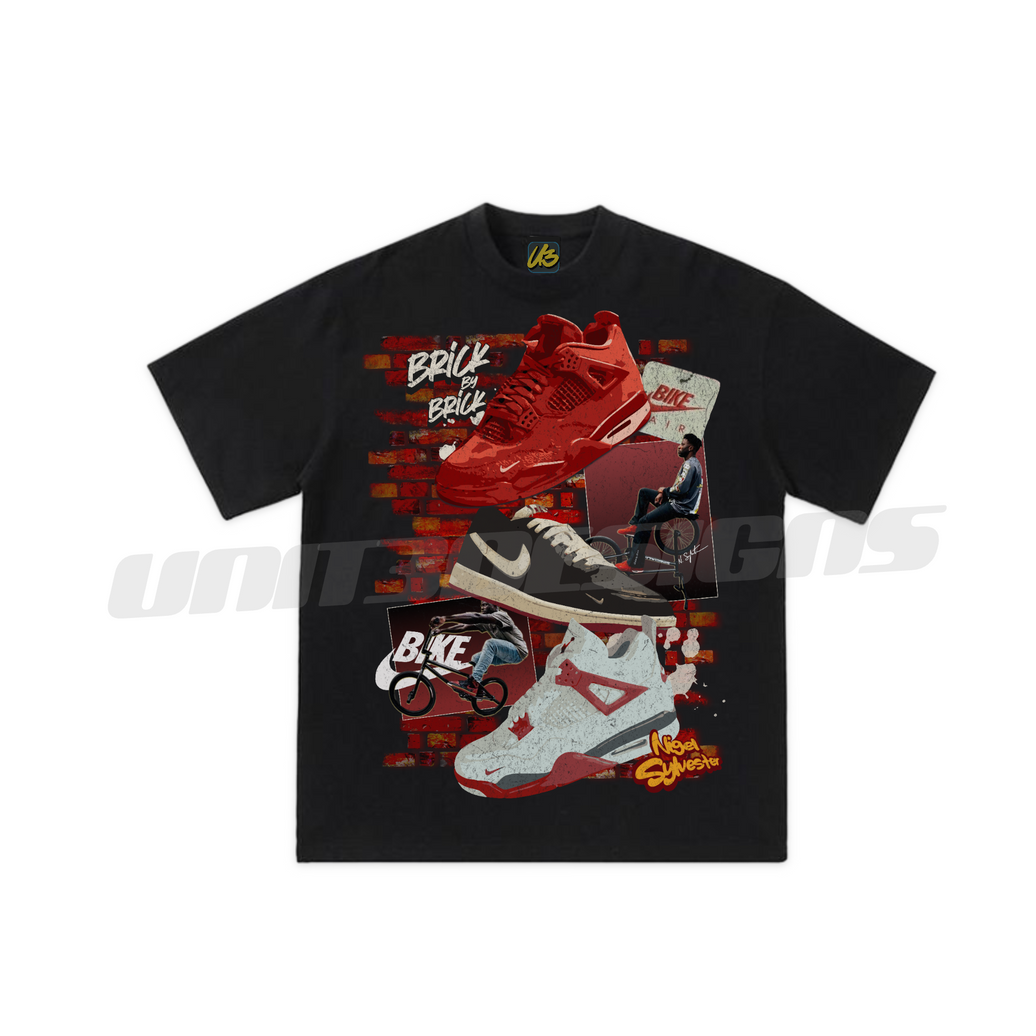 Black t-shirt with graphic of Jordans and text on a white background