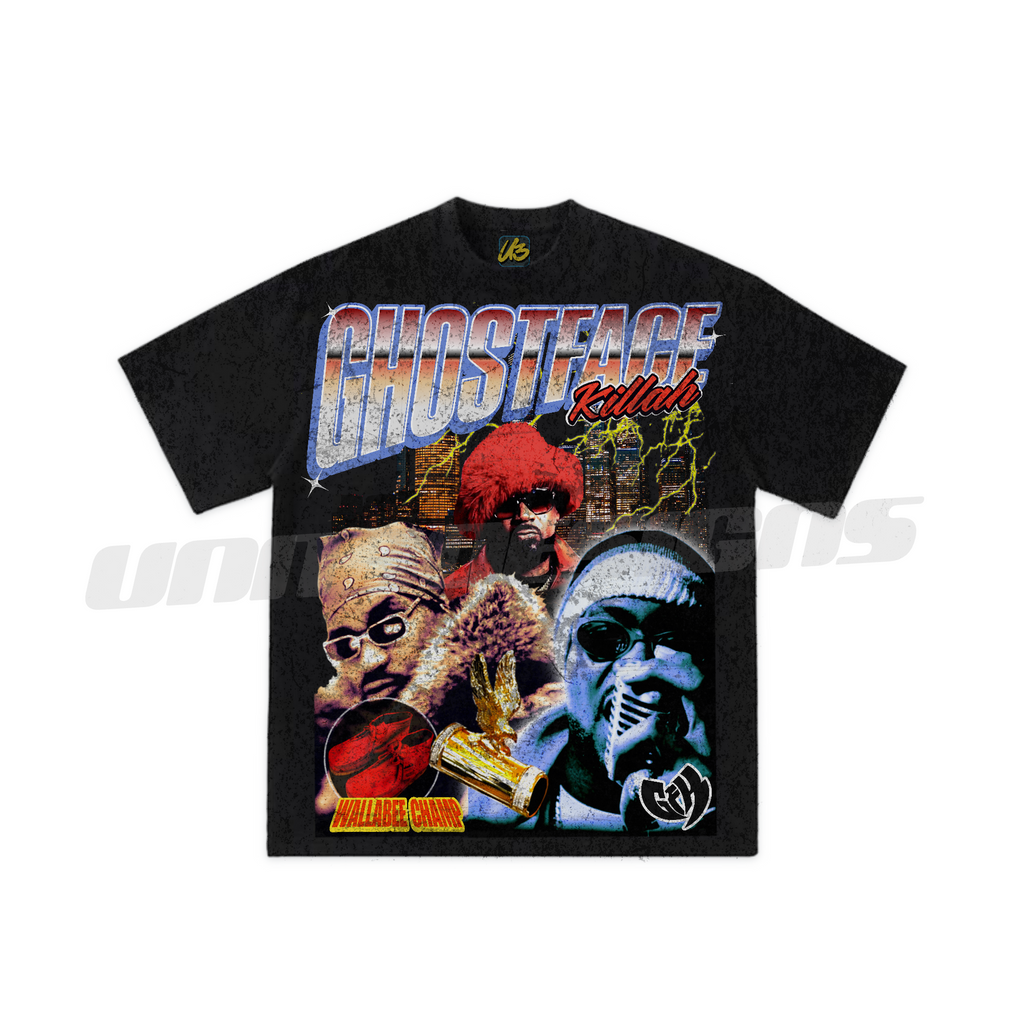 Black t-shirt with graphic design featuring faces and text on a white background